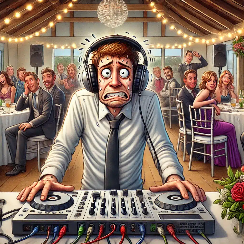 make or break wedding dj raleigh wedding dj bad awkward wedding dj cartoon - Stylus Weddings a nervous anxious and awkward wedding DJ embarrassing themselves at a wedding - avoid it by hiring a professional wedding DJ in Raleigh like Stylus