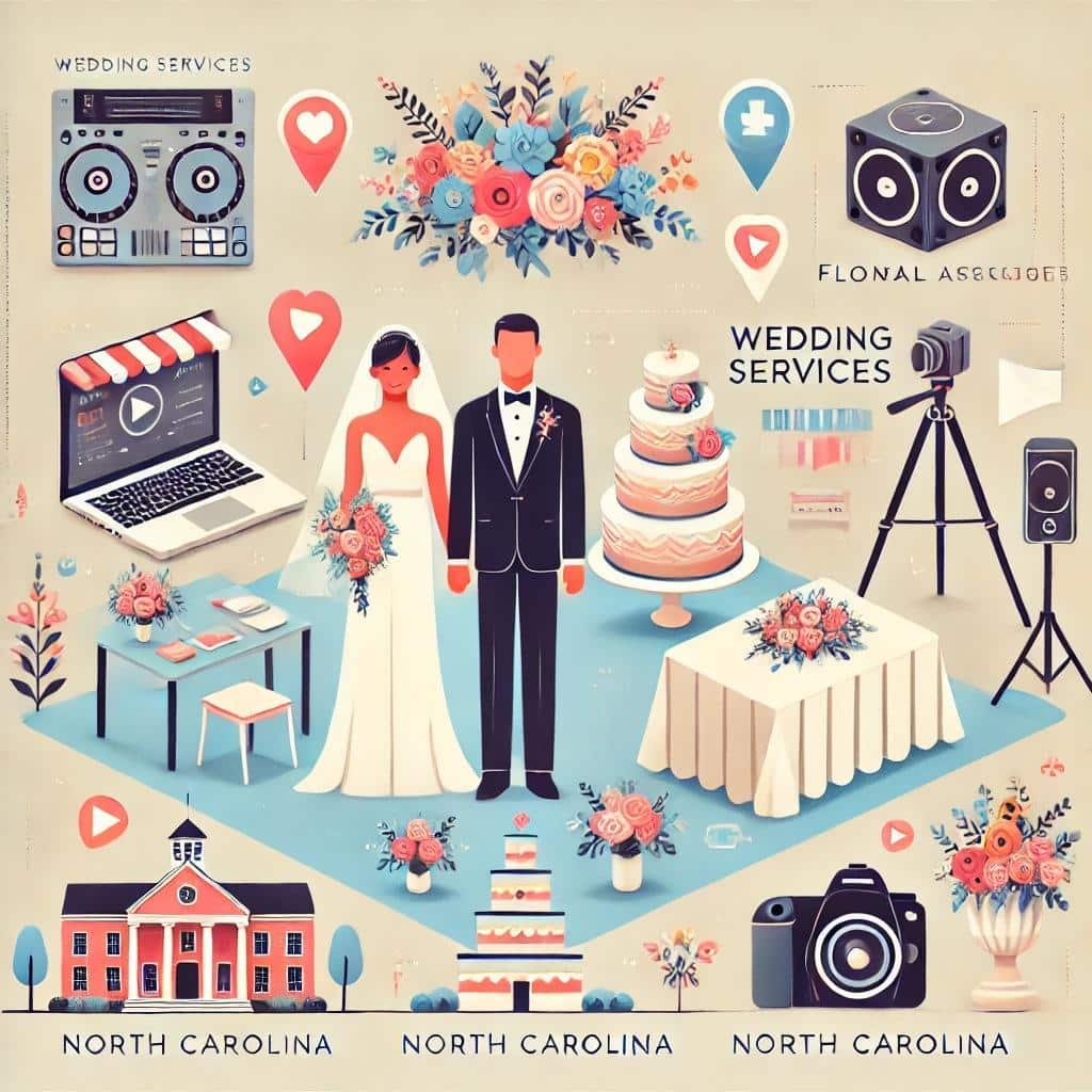 An infographic outline of the average wedding budget in North Carolina for couples getting married in the Triangle, Raleigh, Durham, Chapel Hill, Cary, Morrisville, Wake Forest, Apex, Holly Springs, Carrboro